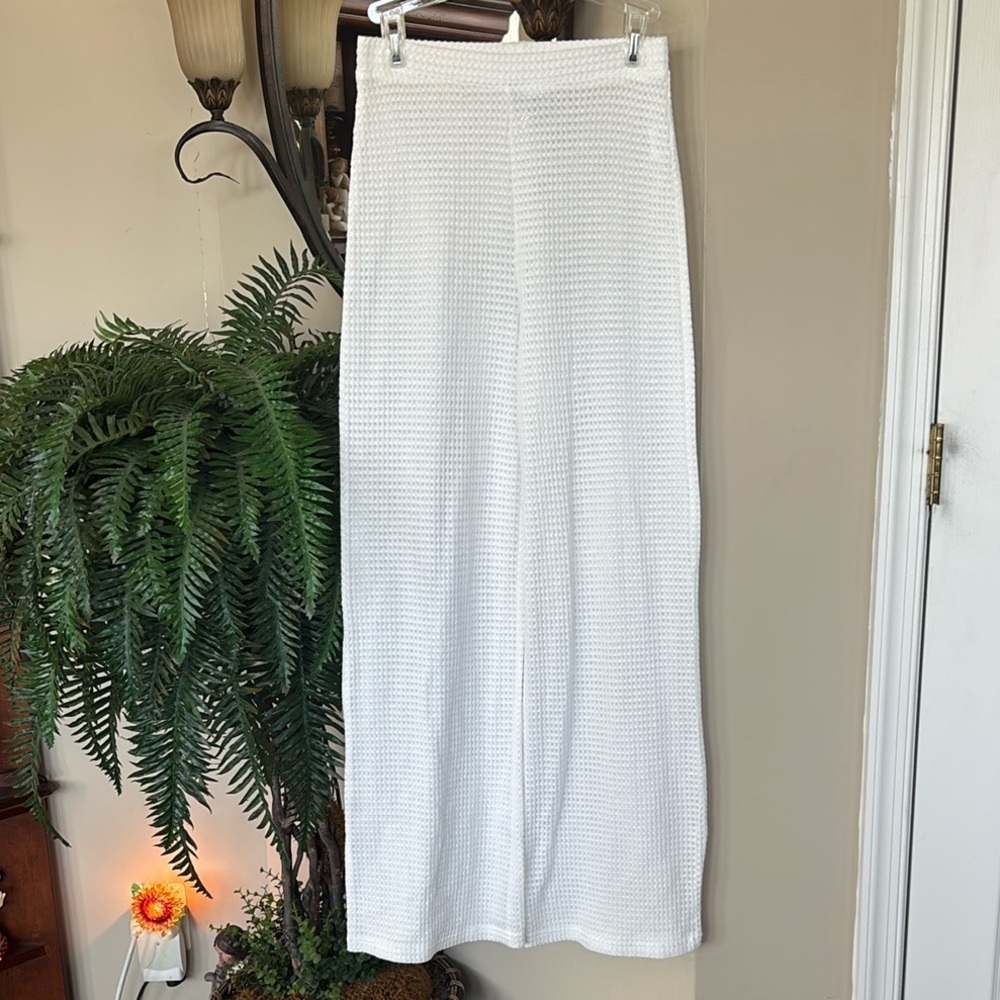 Princess Polly White Waffle Knit Wide Leg Casual Beach Pants Stretch Waist